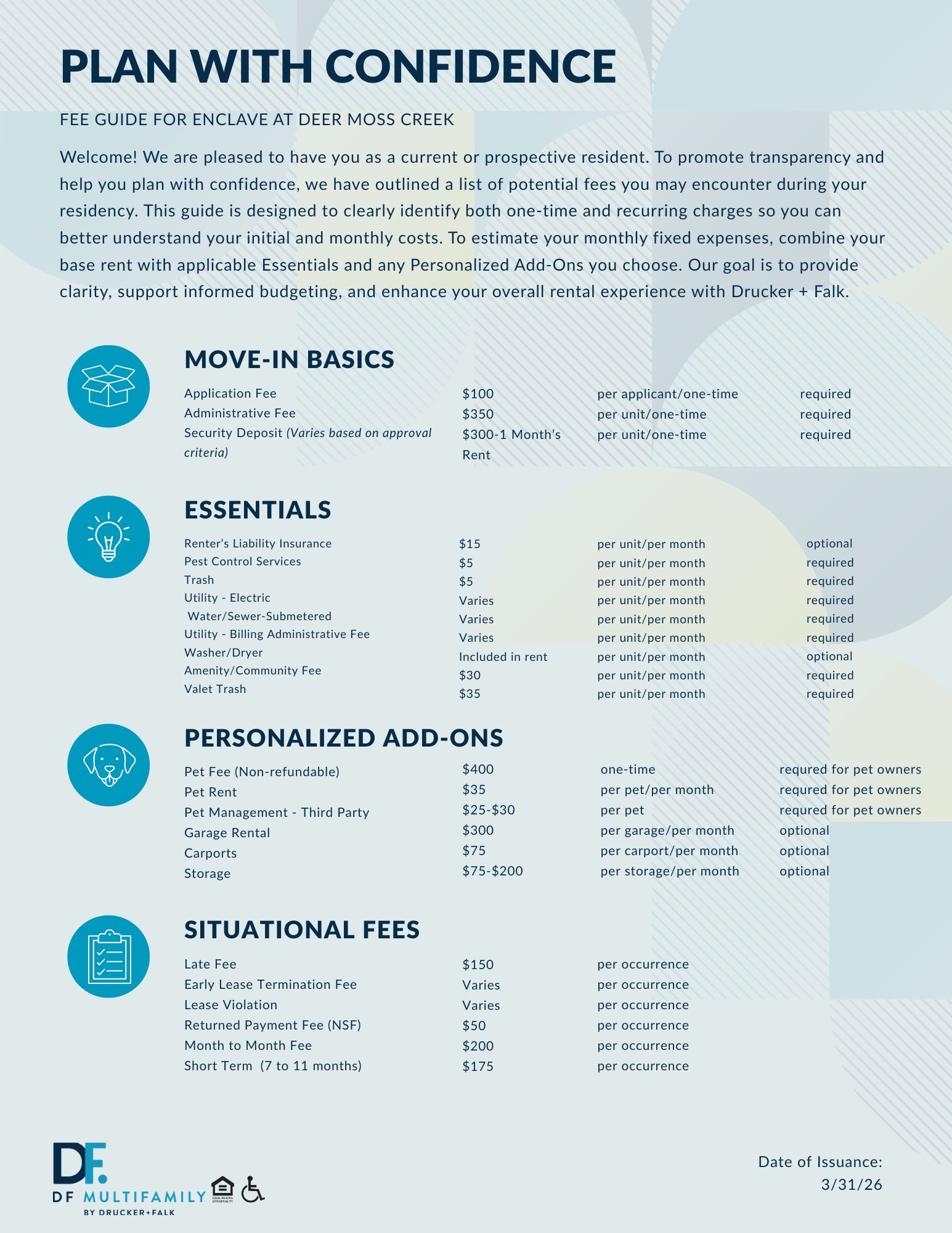 Fee Guide for Enclave at Deer Moss Creek - Please call our leasing office for more details